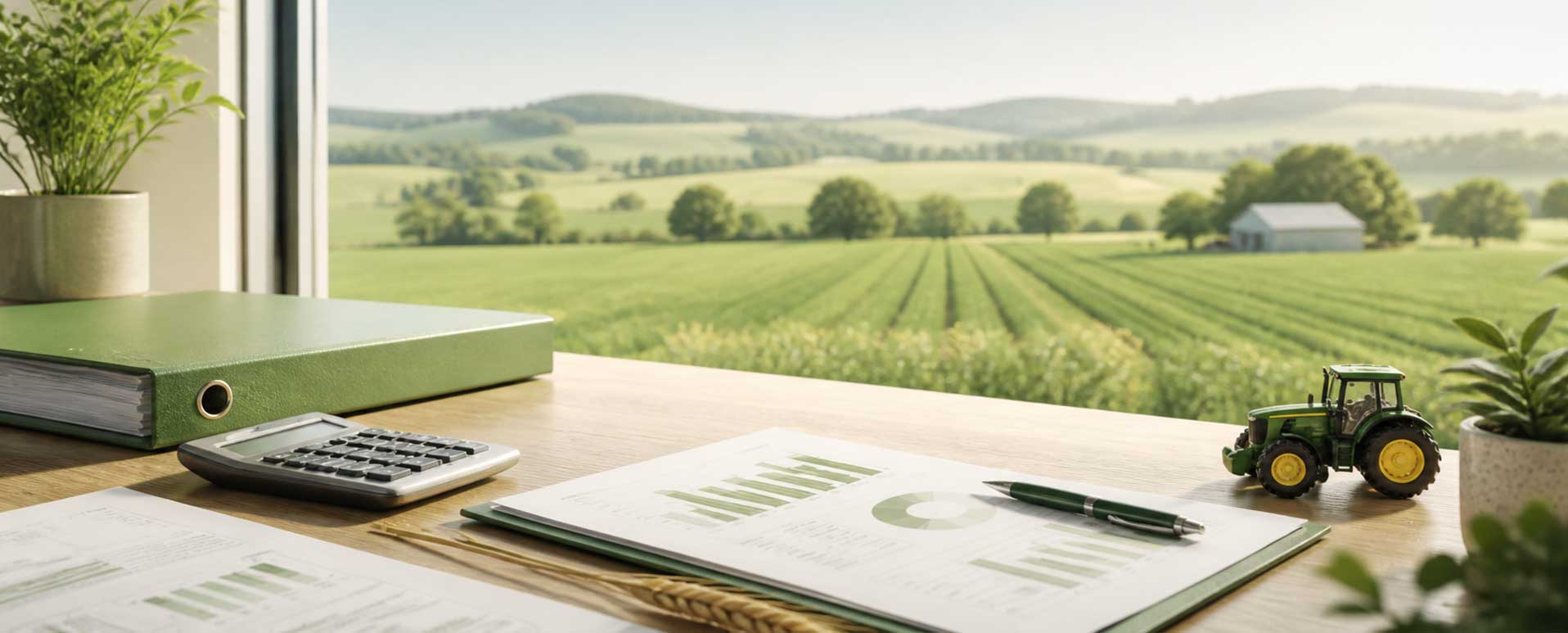 Schreibtisch mit Agrarunterlagen und Blick auf Felder